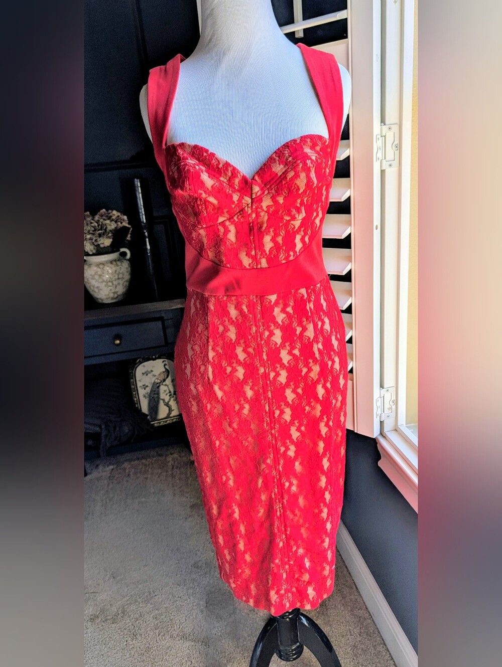 ASOS Red Lace Midi Dress with Sweetheart Bodice
